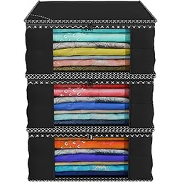 Kuber Industries Non Woven Fabric Saree Cover|Clothes Organiser for Wardrobe|Transparent Window|Extra Large, Pack of 3 (Black)-KUBMART2782-picture-32