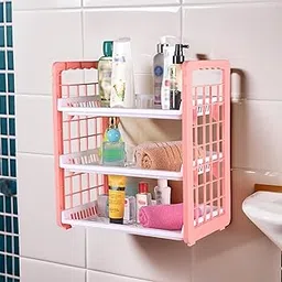 Kuber Industries Plastic 3-Tier Wall Mount Cum Countertop Multipurpose Storage Rack | Storage Basket for Kitchen, Bathroom or Vanity | Spice Rack & Cosmetic Organizer | White & Peach-picture-14
