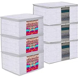 Kuber Industries Saree Cover & Underbed Storage Bag Set | 3 Pieces Saree & 3 Pieces Underbed Storage Bag Combo Set | Zipper Closure & Handle | Jute Printed Bag | Set of 6 | Gray-picture-10