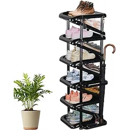 Kuber Industries Stackable 6 Tier Plastic Shoe Stand with Side Hooks | Foldable Slipper and Shoes Racks for Home and Office | Space-Saving Corner Foot Stand for Entryway | Tower - Black-image-25