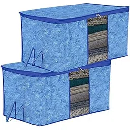 Kuber Industries Underbed Storage Bag | Clothes Storage Bag | Blanket Cover with Clear Window | Zipper Closure & Handle Cloth Organizer | Lahariya-Design | Large | Pack of 2 | Blue-image-4
