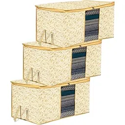 Kuber Industries Underbed Storage Bag | Clothes Storage Bag | Blanket Cover with Clear Window | Zipper Closure & Handle Cloth Organizer | Leaf-Design | Large | Pack of 3 | Cream-image-0