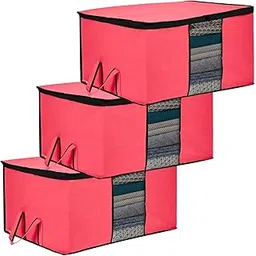 Kuber Industries Underbed Storage Bag | Clothes Storage Bag | Blanket Cover with Clear Window | Zipper Closure & Handle Cloth Organizer | Plain Black Border | Large | Pack of 3 | Pink-picture-34