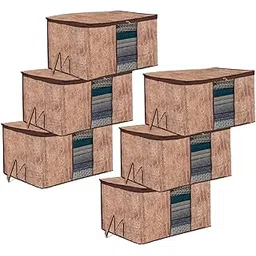 Kuber Industries Underbed Storage Bag | Clothes Storage Bag | Blanket Cover with Clear Window | Zipper Closure & Handle Cloth Organizer | Wooden Texture-Design | Large | Pack of 6 | Brown-picture-12