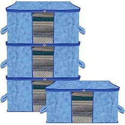 Kuber Industries Underbed Storage Bag | Clothes Storage Organizer | Blanket Cover with Clear Window | Zipper Closure & Handle Cloth Organizer | Lahariya-Design | Large | Pack of 4 | Blue-image-14