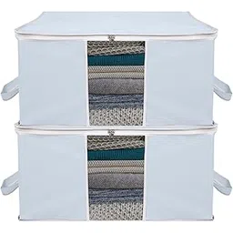 Kuber Industries Underbed Storage Bag | Plain White Border Blanket Cover with Clear Window | Zipper Closure & Handle Cloth Organizer | Large | Pack of 2 | Gray-picture-11