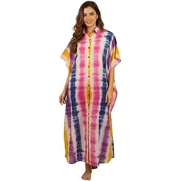 kuberaa Cotton Printed Tie Dye Maxi Kaftan Dress, Button Down Beach Cover Up Swimwear, Free Size Loungewear-picture-51