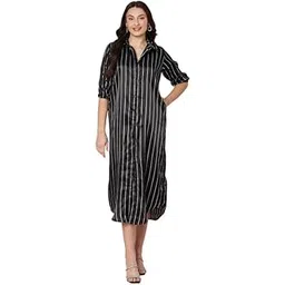 kuberakshi fashion studio llp Black Striped Shirt-Style Long Dress with Belt – Crepe Womens Casual Wear-picture-13