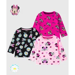 KUCHIPOO Cotton Blend Knit Disney Mickey & Friends Featuring Pack Of 3 Full Sleeves Characters Printed Tees - Magenta Pink & Black-picture-39