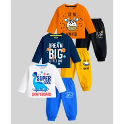 KUCHIPOO Cotton Blend Knit Pack Of 3 Full Sleeves Animals Space Theme & Typography Printed Tees & Joggers Set - Orange Navy Blue White Yellow Black & Blue-picture-36
