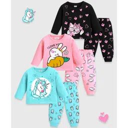KUCHIPOO Cotton Blend Knit Pack Of 3 Full Sleeves Unicorn & Baby Animals Printed Tees & Joggers Set - Black Pink & Sky Blue-picture-22