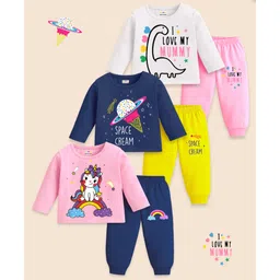 KUCHIPOO Cotton Blend Knit Pack Of 3 Full Sleeves Unicorn & Typography Printed Tees & Joggers Set - Pink Navy Blue White & Yellow-picture-20