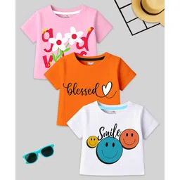 KUCHIPOO Cotton Blend Knit Pack Of 3 Half Sleeves Floral & Typography Printed Tees - White Pink & Orange-picture-34