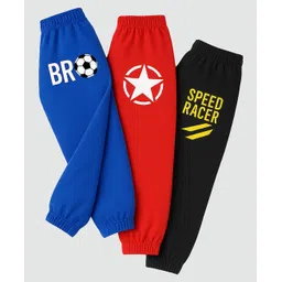 KUCHIPOO Cotton Blend Knit Pack Of 3 Star & Typography Printed Track Pants - Red Blue & Black-picture-36