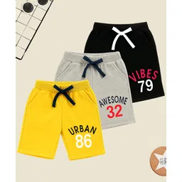 KUCHIPOO Cotton Blend Knit Pack Of 3 Urban & Awesome Text Printed Shorts - Yellow Grey & Black-picture-27