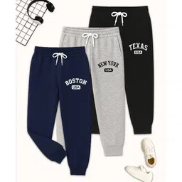 KUCHIPOO Cotton Blend Knit Pack Of 3 USA Text Printed Track Pants - Navy Blue Grey & Black-picture-34