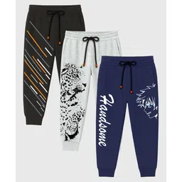 KUCHIPOO Cotton Knit Pack Of 3 Cheetah & Typography Printed Track Pants - Black Grey & Navy Blue-picture-17