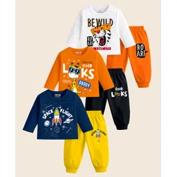 KUCHIPOO Cotton Knit Pack Of 3 Full Sleeves Baby Animals & Space Theme Printed Tees & Joggers Set - Navy Blue Orange White Yellow & Black-picture-19