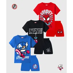 KUCHIPOO Cotton Knit Pack Of 3 Half Sleeves Marvel Featuring Half Sleeves Characters Printed Tees & Shorts Set - Red Black & Blue-picture-13