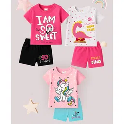 KUCHIPOO Cotton Knit Pack Of 3 Half Sleeves Unicorn & Typography Printed Tees & Shorts Set - Pink Black White Blue-picture-16