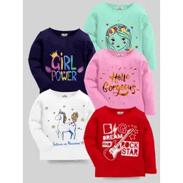 KUCHIPOO Girls Pack Of 5 Graphic Printed Pure Cotton T-Shirt-picture-24