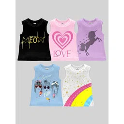 KUCHIPOO Girls Pack Of 5 Printed Round Neck Cotton Sleeveless Applique T-shirt-picture-41