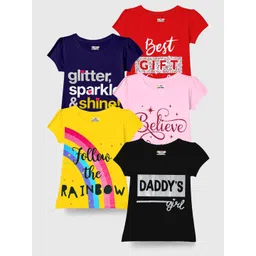 KUCHIPOO Girls Pack Of 5 Typography Printed Cotton T-shirts-picture-21