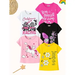 KUCHIPOO Girls Pack Of 5 Typography Printed Round Neck Cotton Regular Fit Casual T-shirt image 1