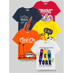 KUCHIPOO Kids Pack Of 5 Graphic Printed Round Neck T-shirts-picture-26