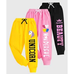 KUCHIPOO Pack Of 3 Unicorn & Hearts Printed Track Pants - Yellow Black & Pink-picture-14