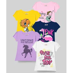 KUCHIPOO Pack Of 5 Half Sleeves Unicorn & Girl Printed Tees - Pink Yellow White Blue & Lilac-picture-12