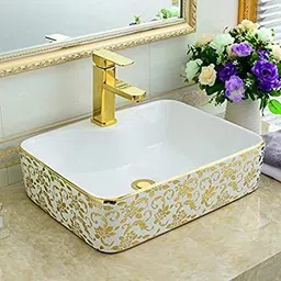 kudos Luxury European Designed Table Top Ceramic Round Edge Flower Pattern Wash Basin Tabletop Over or Above Counter Top Wash Basin for Bathroom Sink/Basin 480x370x135mm (Gold) Table Top Basin-picture-11