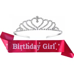 kumar & sons Happy Birthday Girl Sash and crown Tiara I Dark Red Sash I Diamond Ring Crown-picture-14