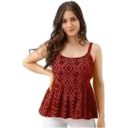 KUNJAL Women's Flowy Tank Top, Burgundy with Geometric Diamond Pattern, Sleeveless, Spaghetti Strap, Empire Waist-picture-27