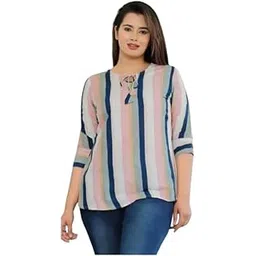 kunjal Women's Plus Size Striped Blouse, 3/4 Sleeve, Pink, Navy Blue, White Vertical Stripes, Casual Top-picture-13
