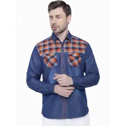 Kuons Avenue Blue & Orange Slim Fit Checks Denim Shirt-picture-26