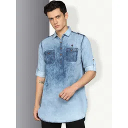 Kuons Avenue Dyed Shirt Collar Denim Pathani Short Kurta-picture-26