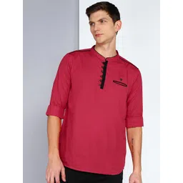 Kuons Avenue Linen Cotton Mandarin Collar Roll Up Sleeve Pathani Short Straight Kurta-picture-38