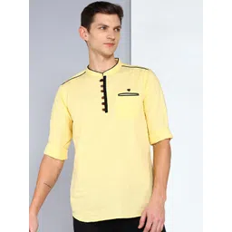 Kuons Avenue Linen Cotton Mandarin Collar Roll Up Sleeves Pathani Short Straight Kurta-picture-20