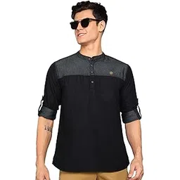 kuons avenue Men’s Denim Tailored Fit Short Kurta Shirt | Mandarin Collar | Color Block Design & Single Pocket-picture-11