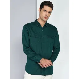 Kuons Avenue Teal Green Slim Fit Solid Casual Denim Shirt-picture-21