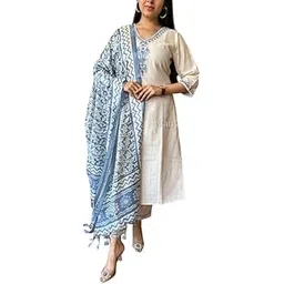 kurthnic Women Khadie Cotton Embroidery Kurta with Pant and Dupatta Cream Blue-picture-56