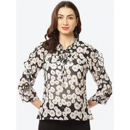 Kurti's by Menka Black & White Floral Print Tie-Up Neck Ruffles Georgette Top-picture-39