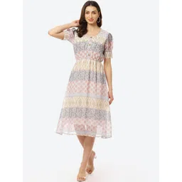 Kurti's by Menka White & Beige Ethnic Motifs Printed Puff Sleeves Fit & Flare Midi Dress-picture-21