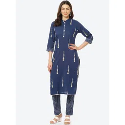 Kurti's by Menka Women Blue Printed Pure Cotton Kurta with Palazzos-picture-46