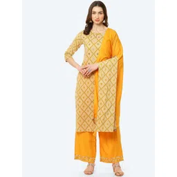 Kurti's by Menka Women Mustard Yellow Printed Pure Cotton Kurta with Palazzos & Dupatta-picture-14