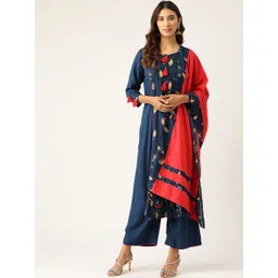 Kurti's by Menka Women Navy Blue & Red Woven Design Kurta with Palazzos & Dupatta-picture-19