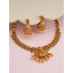 Kushal's Fashion Jewellery Ruby Gold Polished Antique Necklace Set for Women-picture-13