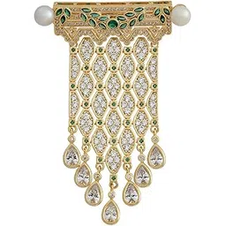 kushal's Fashion Jewellery Green Gold Polished Copper Trendy Zircon Saree Brooch, Best for Bridal Wear & Special Occasion - 449562-picture-11