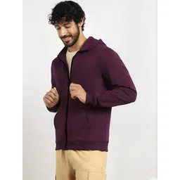 Kushi Flyer Men Purple Solid Fleece Hooded Open Front Jacket-picture-21